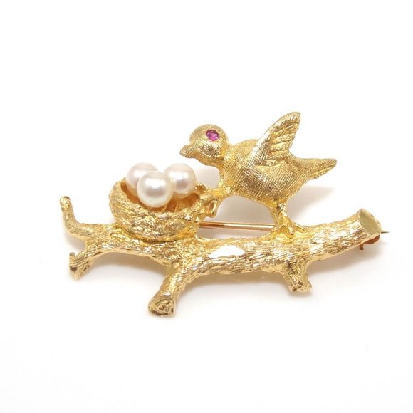 14K Gold Pink Ruby Pearl Robins Nest Pin Brooch